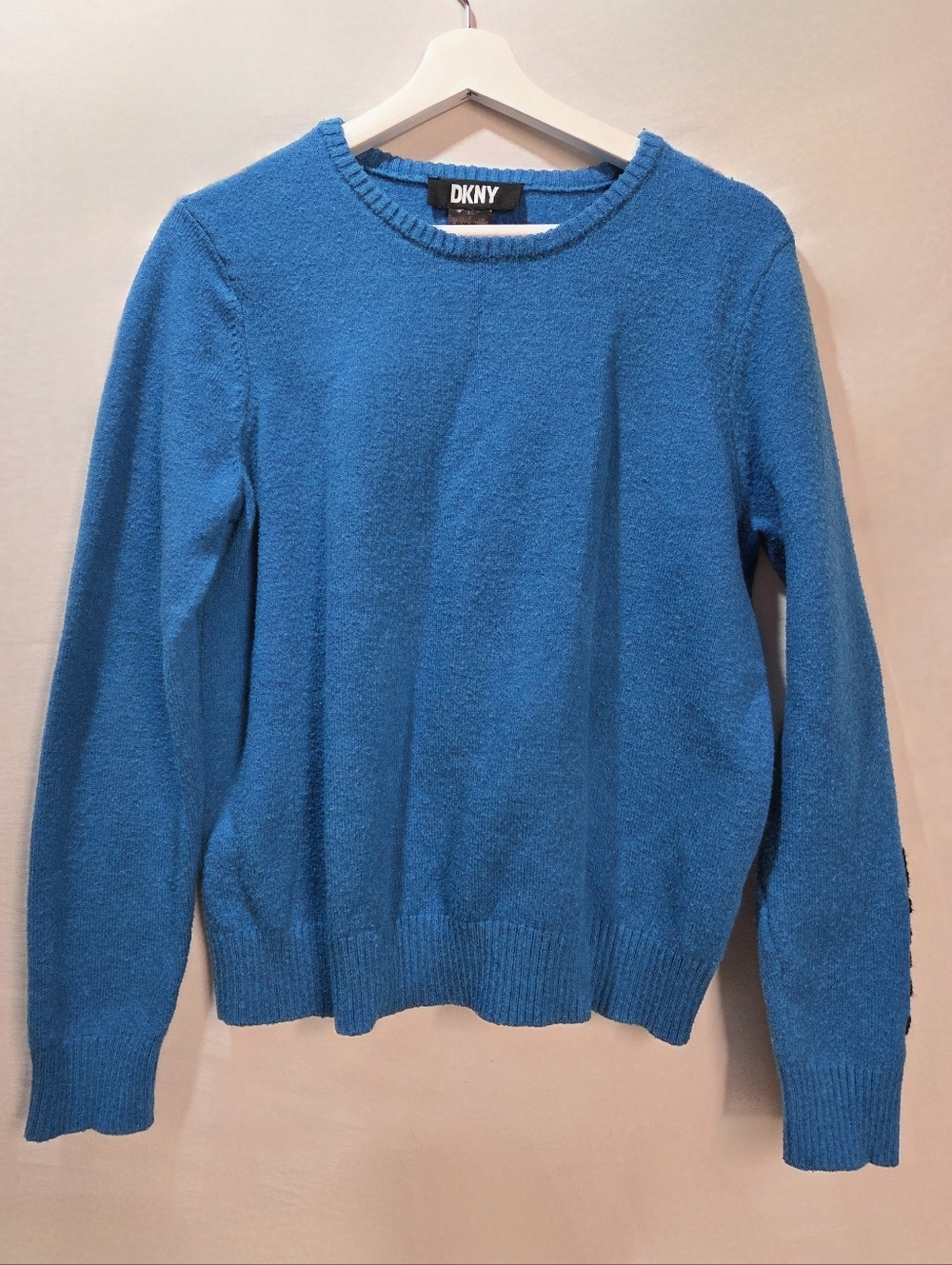 DKNY Women's Lg Vibrant Sky Blue Crewneck Pullover Sweater Arm Logo Detail